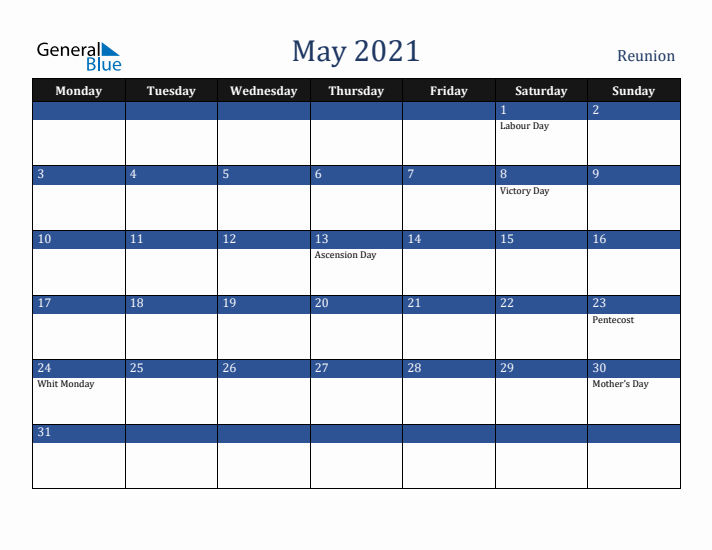 May 2021 Reunion Calendar (Monday Start)