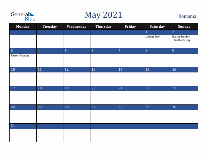 May 2021 Romania Calendar (Monday Start)