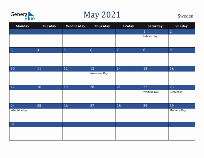 May 2021 Sweden Calendar (Monday Start)