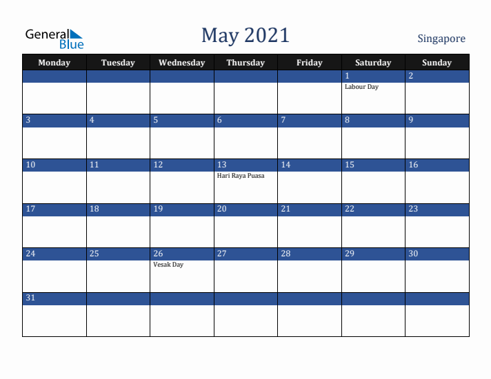 May 2021 Singapore Calendar (Monday Start)