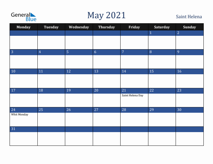 May 2021 Saint Helena Calendar (Monday Start)