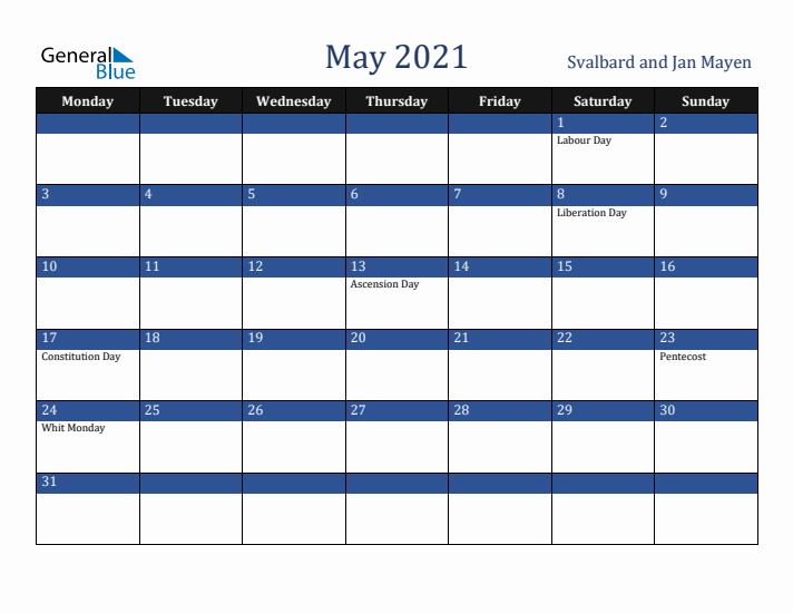 May 2021 Svalbard and Jan Mayen Calendar (Monday Start)
