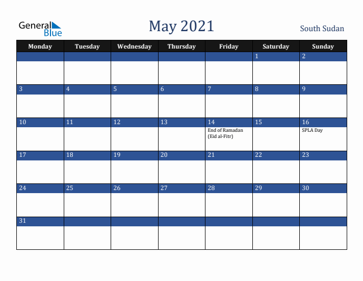 May 2021 South Sudan Calendar (Monday Start)