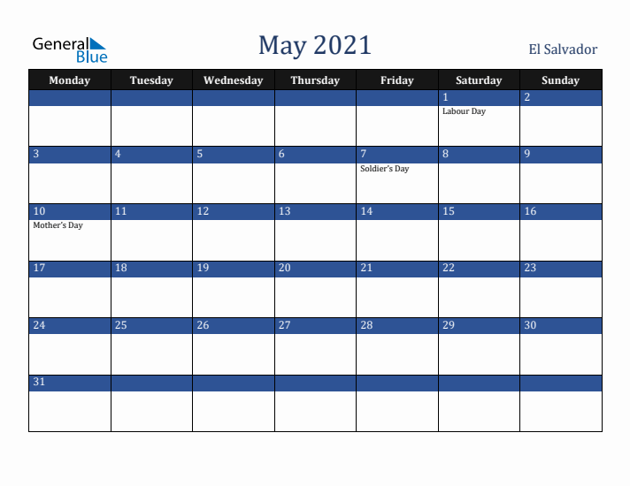 May 2021 El Salvador Calendar (Monday Start)
