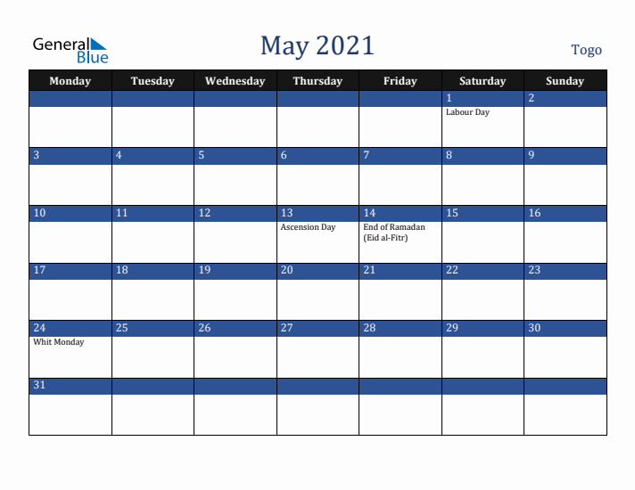 May 2021 Togo Calendar (Monday Start)