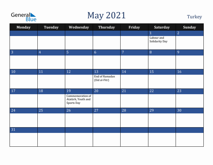May 2021 Turkey Calendar (Monday Start)