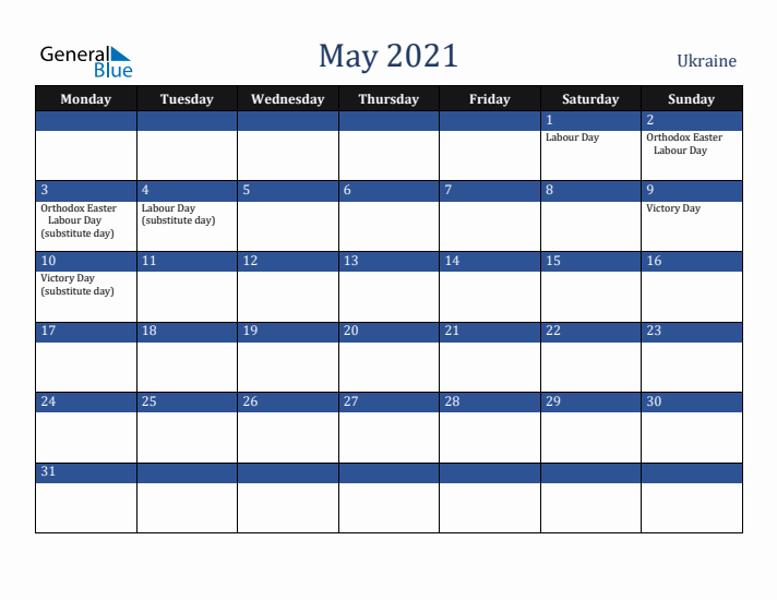 May 2021 Ukraine Calendar (Monday Start)