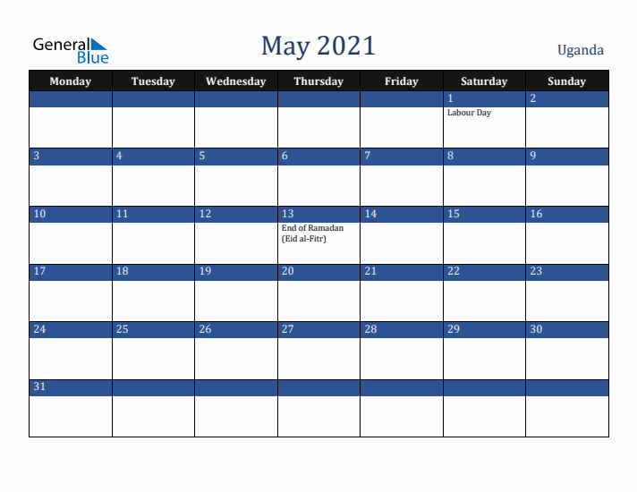 May 2021 Uganda Calendar (Monday Start)