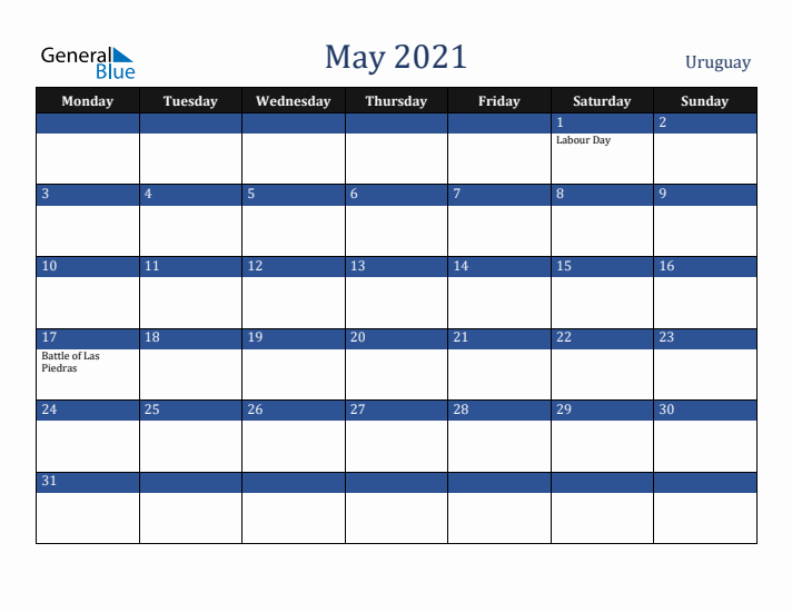 May 2021 Uruguay Calendar (Monday Start)