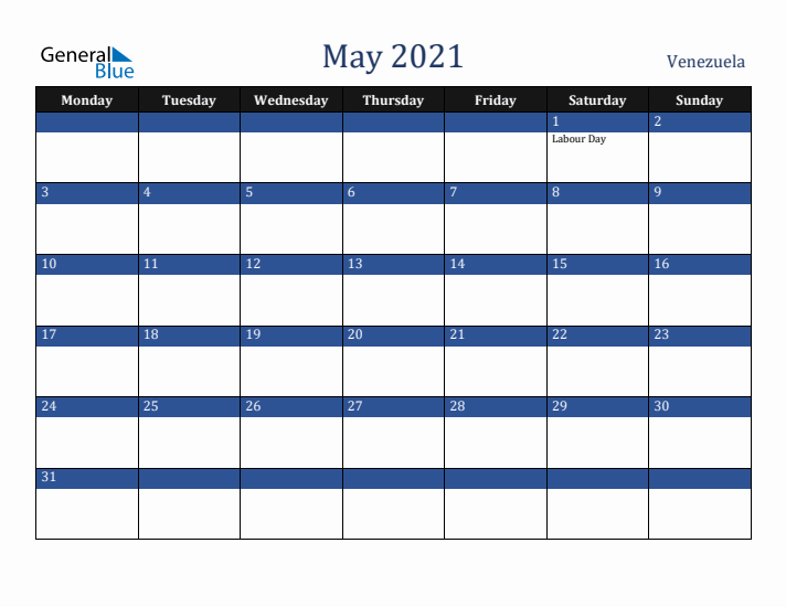 May 2021 Venezuela Calendar (Monday Start)