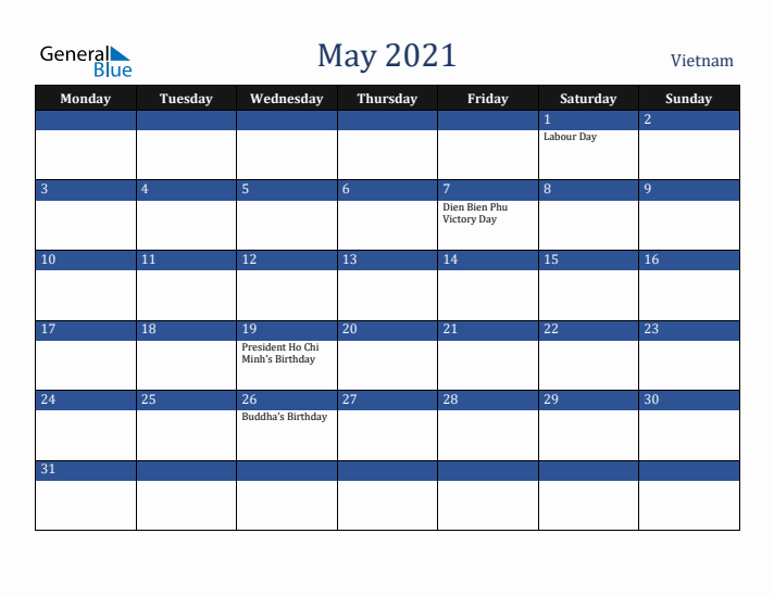 May 2021 Vietnam Calendar (Monday Start)