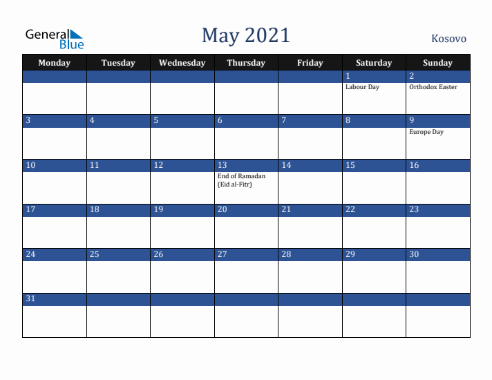May 2021 Kosovo Calendar (Monday Start)
