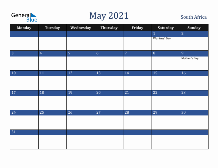 May 2021 South Africa Calendar (Monday Start)