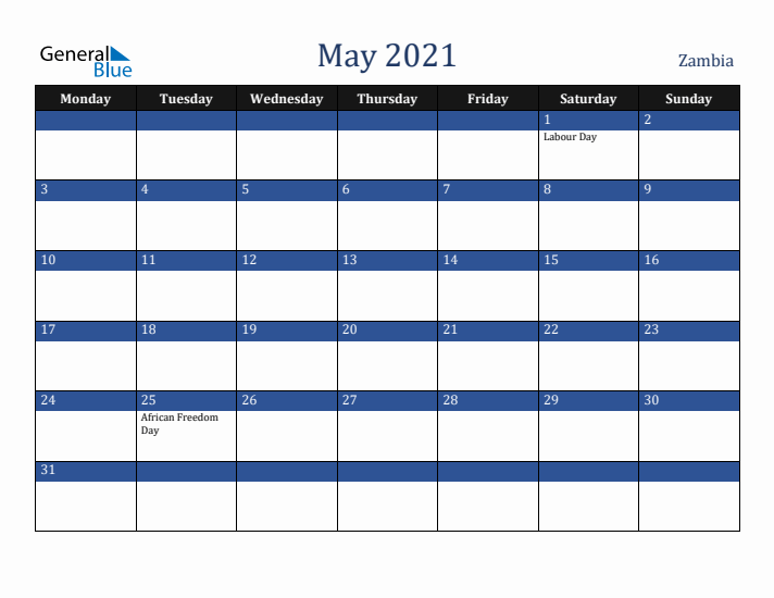 May 2021 Zambia Calendar (Monday Start)