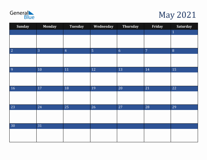 Sunday Start Calendar for May 2021