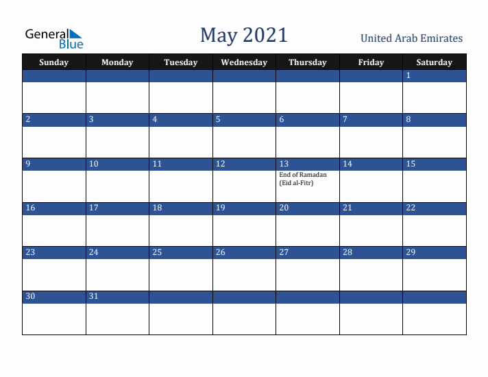 May 2021 United Arab Emirates Calendar (Sunday Start)