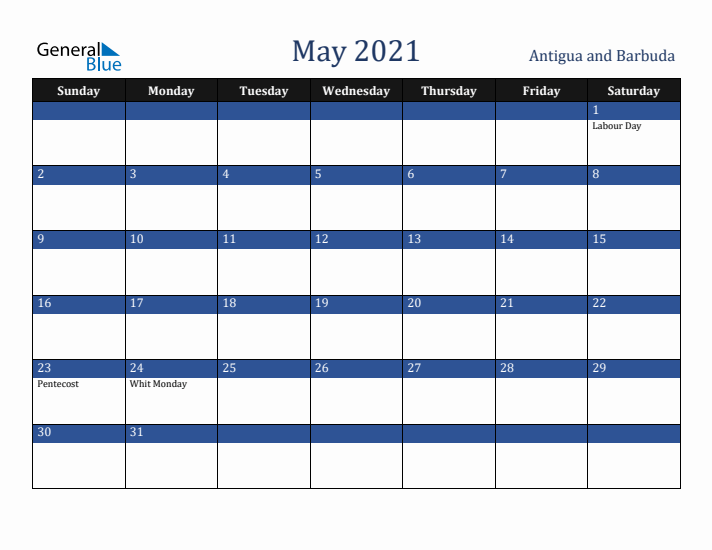May 2021 Antigua and Barbuda Calendar (Sunday Start)