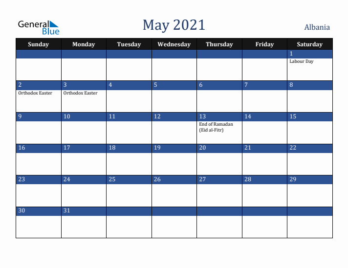 May 2021 Albania Calendar (Sunday Start)
