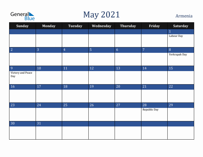 May 2021 Armenia Calendar (Sunday Start)