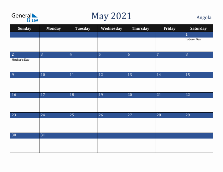 May 2021 Angola Calendar (Sunday Start)