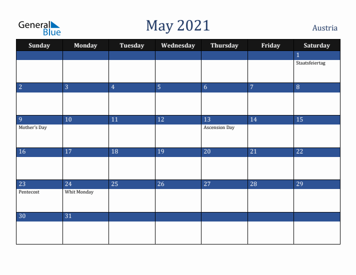 May 2021 Austria Calendar (Sunday Start)