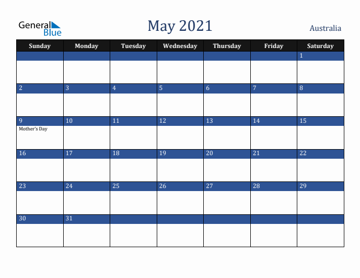 May 2021 Australia Calendar (Sunday Start)