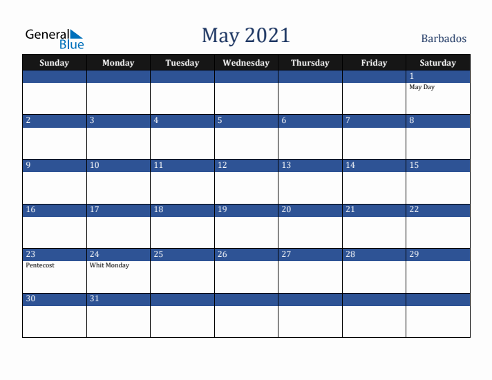 May 2021 Barbados Calendar (Sunday Start)