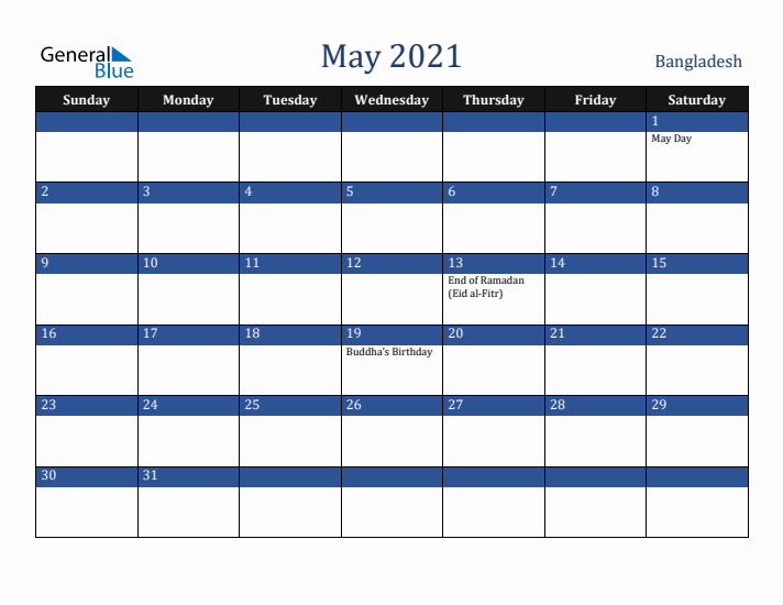 May 2021 Bangladesh Calendar (Sunday Start)