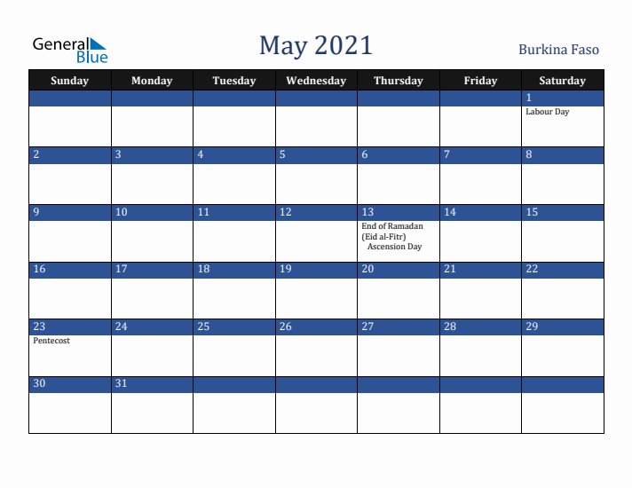 May 2021 Burkina Faso Calendar (Sunday Start)