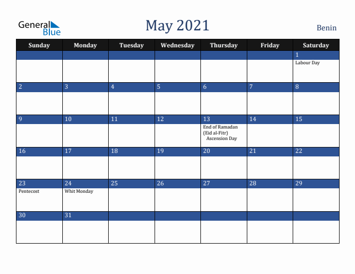 May 2021 Benin Calendar (Sunday Start)