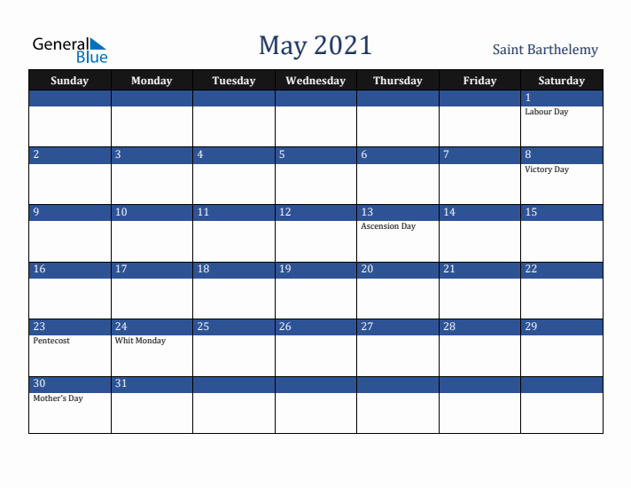 May 2021 Saint Barthelemy Calendar (Sunday Start)