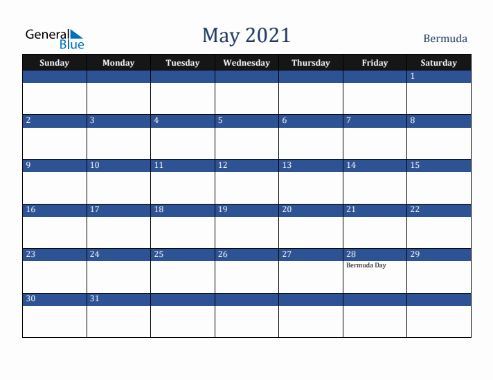 May 2021 Bermuda Calendar (Sunday Start)