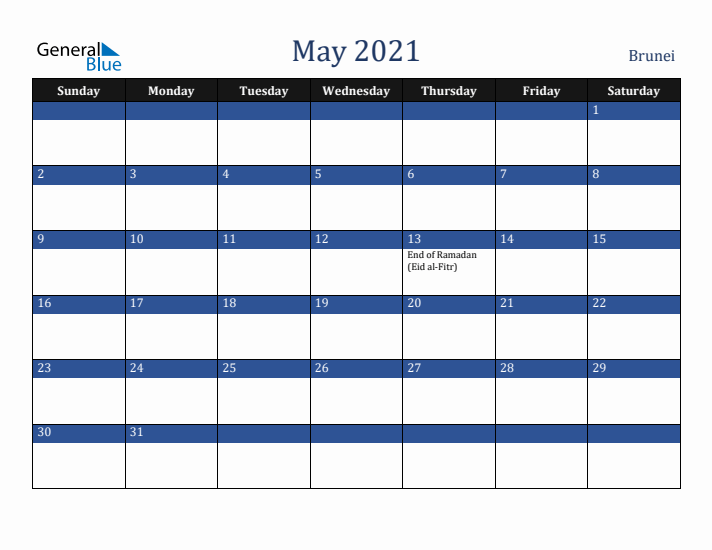 May 2021 Brunei Calendar (Sunday Start)