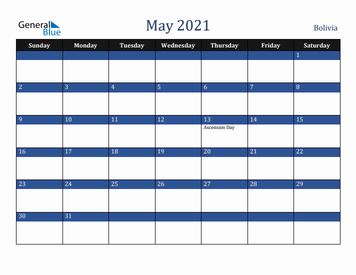 May 2021 Bolivia Calendar (Sunday Start)