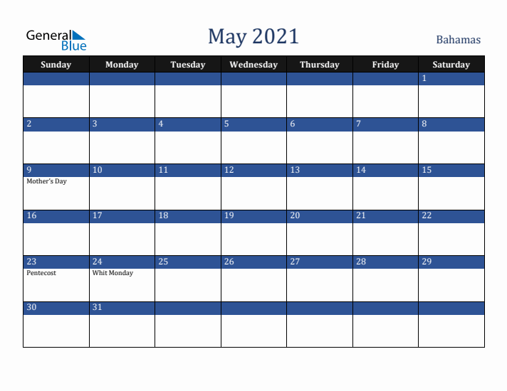 May 2021 Bahamas Calendar (Sunday Start)