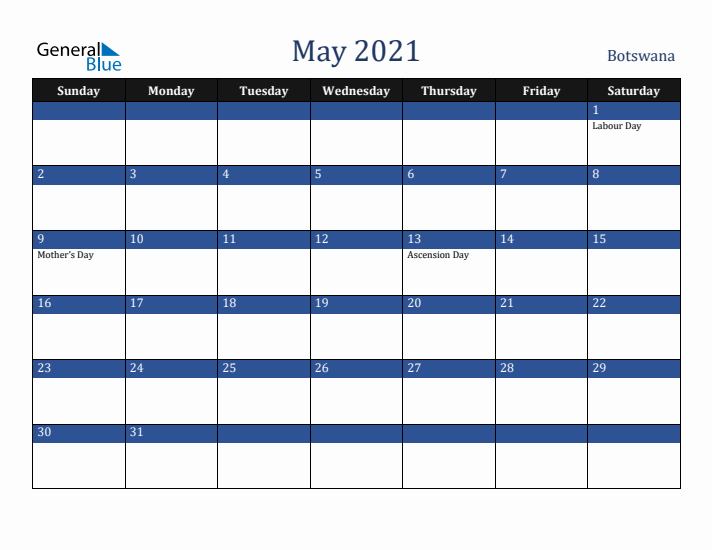 May 2021 Botswana Calendar (Sunday Start)