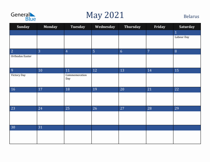 May 2021 Belarus Calendar (Sunday Start)