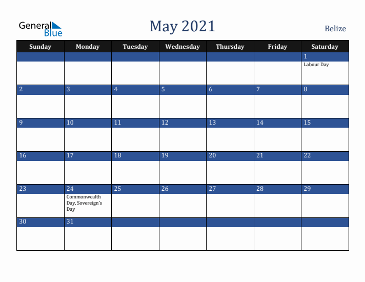 May 2021 Belize Calendar (Sunday Start)