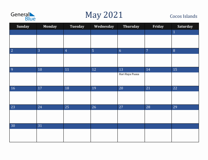 May 2021 Cocos Islands Calendar (Sunday Start)