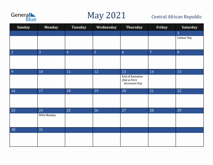 May 2021 Central African Republic Calendar (Sunday Start)