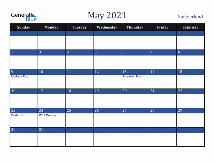 May 2021 Switzerland Calendar (Sunday Start)