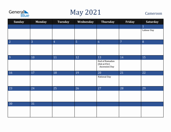 May 2021 Cameroon Calendar (Sunday Start)
