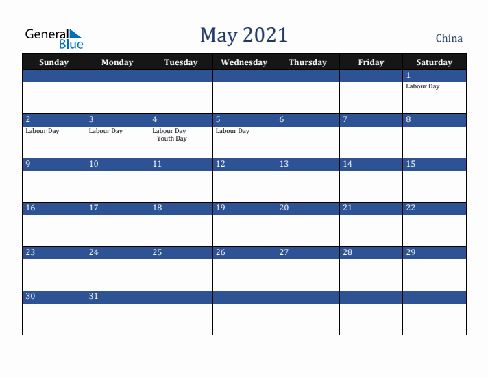 May 2021 China Calendar (Sunday Start)