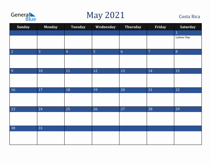 May 2021 Costa Rica Calendar (Sunday Start)