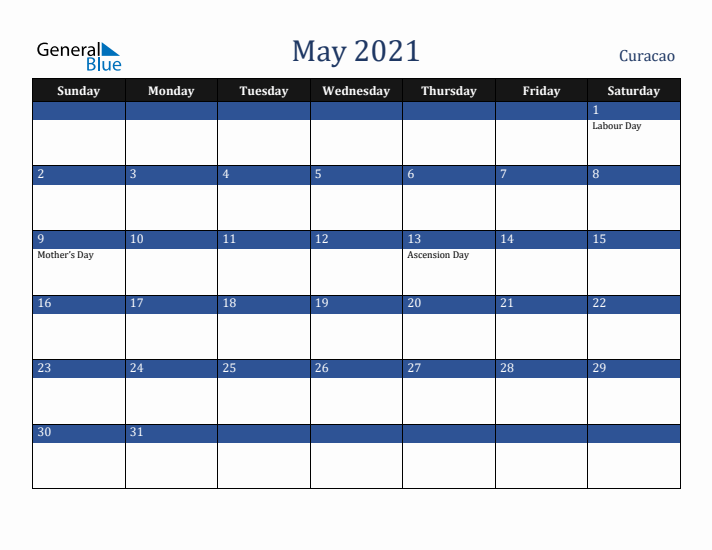 May 2021 Curacao Calendar (Sunday Start)