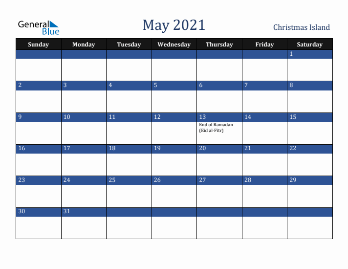 May 2021 Christmas Island Calendar (Sunday Start)