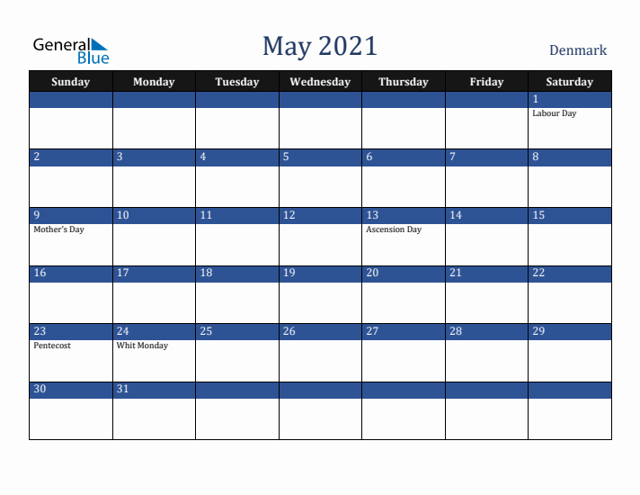 May 2021 Denmark Calendar (Sunday Start)