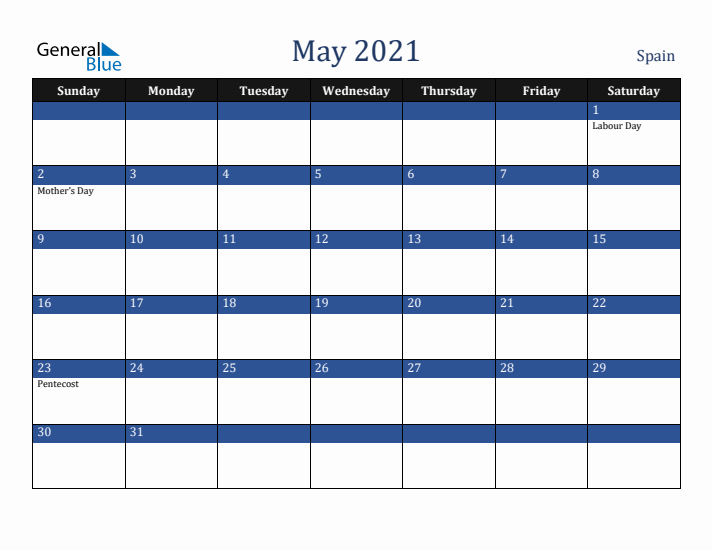 May 2021 Spain Calendar (Sunday Start)
