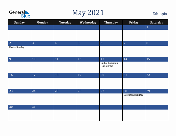 May 2021 Ethiopia Calendar (Sunday Start)