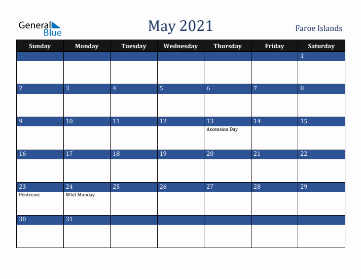 May 2021 Faroe Islands Calendar (Sunday Start)